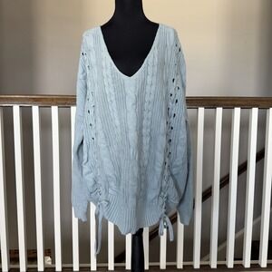 Oversized Chunky Cable Knit Blue Lace Up Sweater Pullover Large Fisherman Coast